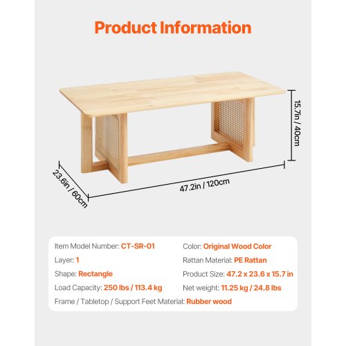 Rattan Coffee Table Rectangle Rattan Woven Wood Coffee Table with Rubber