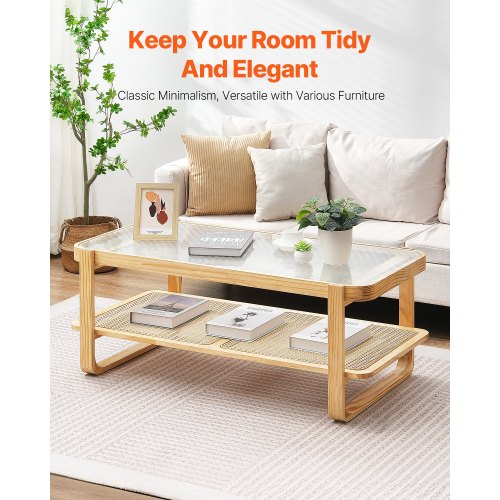 Rattan Coffee Table Rectangle Rattan Woven Wood Coffee Table with Tempered