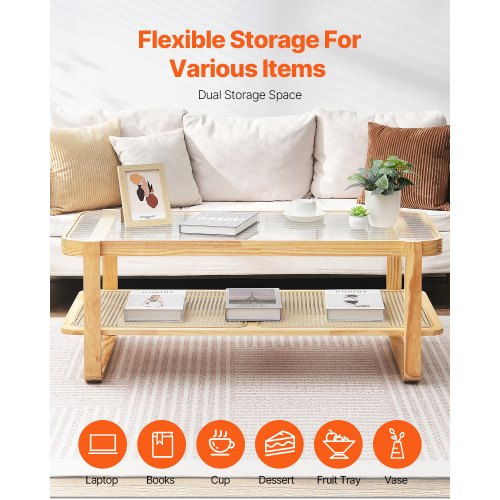 Rattan Coffee Table Rectangle Rattan Woven Wood Coffee Table with Tempered