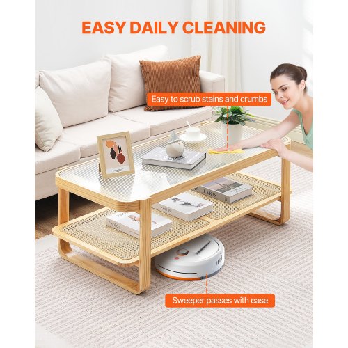 Rattan Coffee Table Rectangle Rattan Woven Wood Coffee Table with Tempered