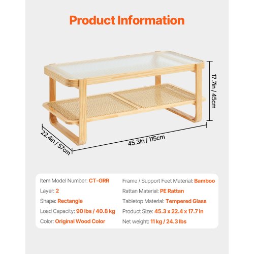 Rattan Coffee Table Rectangle Rattan Woven Wood Coffee Table with Tempered