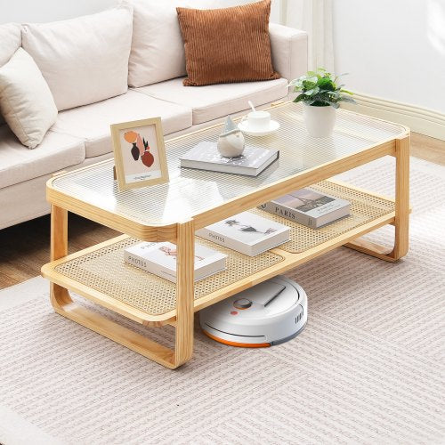 Rattan Coffee Table Rectangle Rattan Woven Wood Coffee Table with Tempered