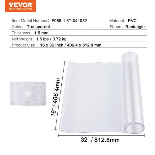Plastic Table Cover 16 x 32 Inch 1.5 mm Thick Clear Table Protector