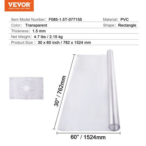 Plastic Table Cover 30 x 60 Inch 1.5 mm Thick Clear Table Protector