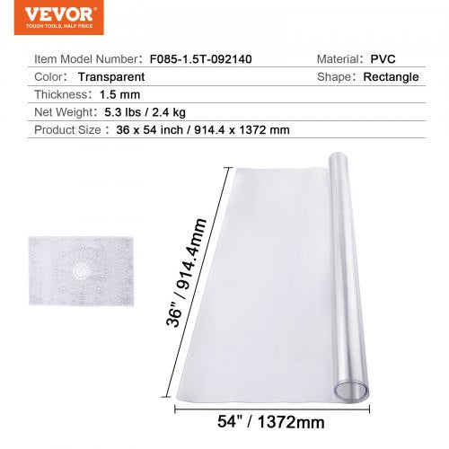 Plastic Table Cover 36 x 54 Inch 1.5 mm Thick Clear Table Protector