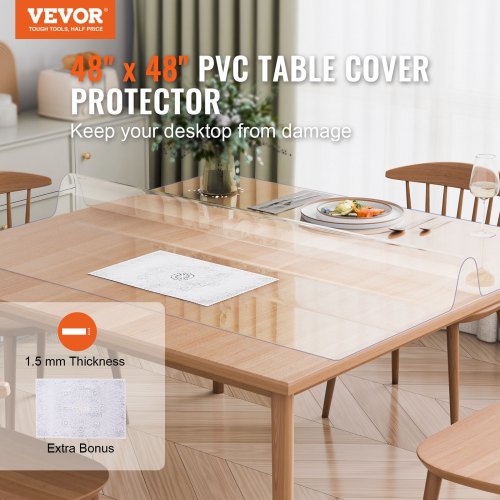 Plastic Table Cover 48 x 48 Inch 1.5 mm Thick Clear Table Protector Square