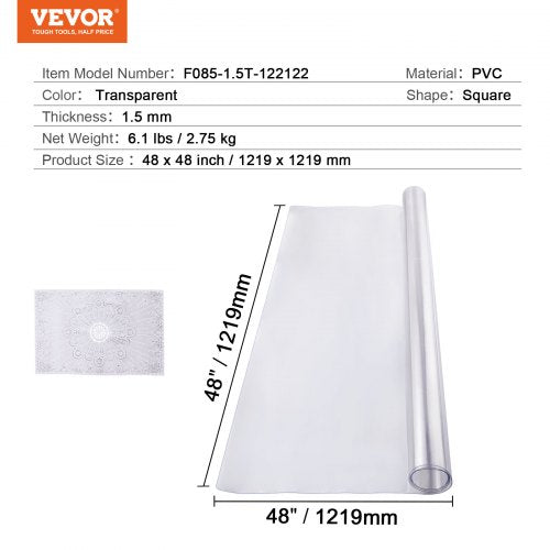 Plastic Table Cover 48 x 48 Inch 1.5 mm Thick Clear Table Protector Square