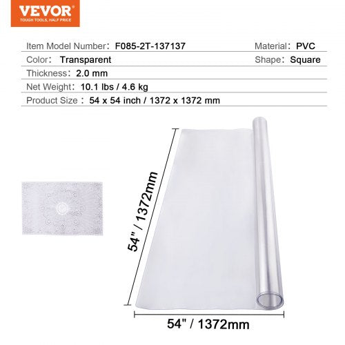 Plastic Table Cover 54 x 54 Inch 2.0 mm Thick Clear Table Protector Square