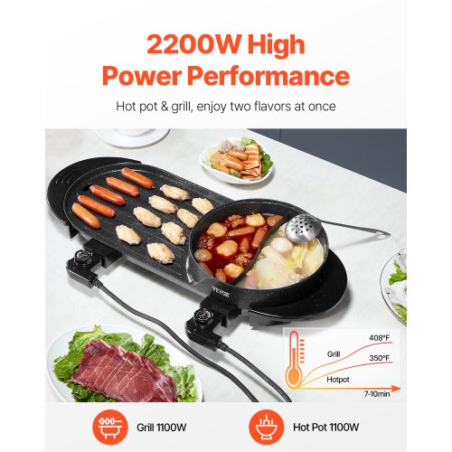 Hot Pot with Grill 2200W 2in1 Electric Smokeless Grill and Hot Pot