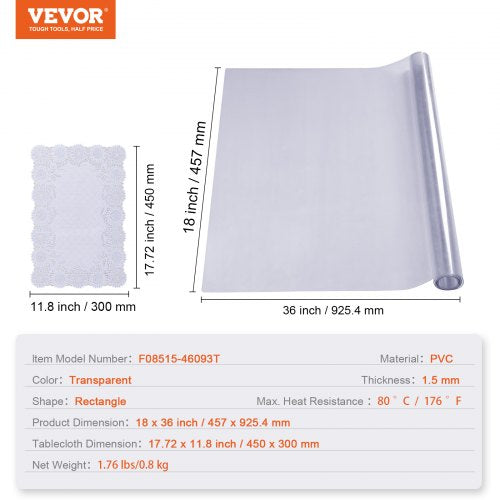 Clear Table Cover Protector 18 x 36 Rectangle Table Cover 1.5 mm Thick
