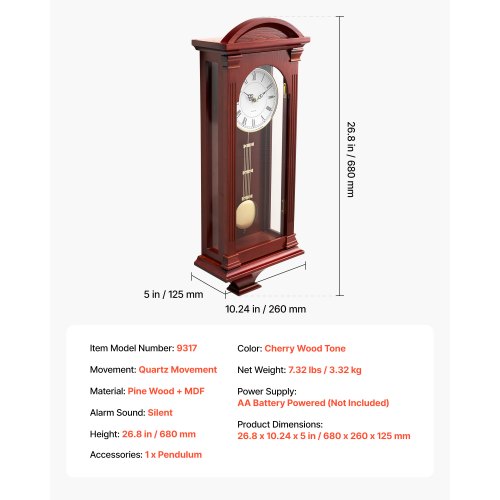 Grandfather Clock 26.7 in Classic Vintage Pendulum Clock Pine Wood MDF