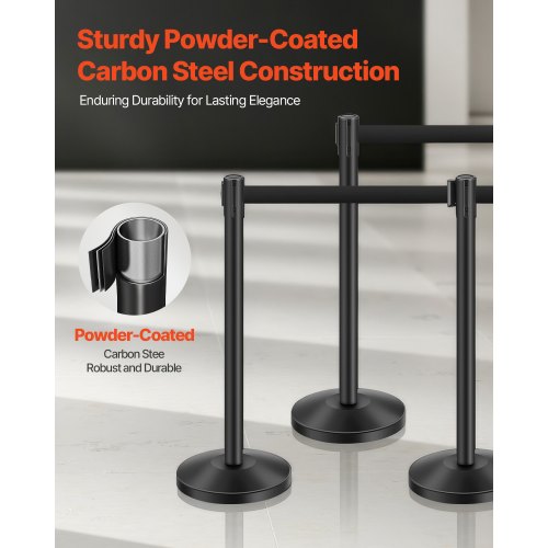 Stanchion Post 6 Pcs Stanchions with Retractable Belts Carbon Steel Black