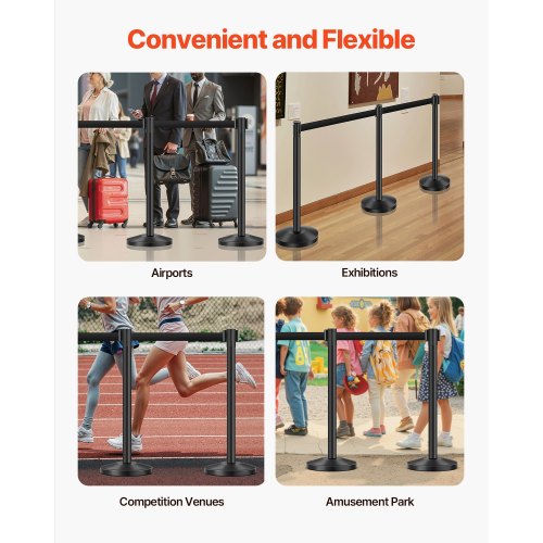 Stanchion Post 6 Pcs Stanchions with Retractable Belts Carbon Steel Black
