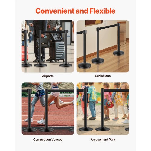 Stanchion Post 4 Pcs Stanchions with Retractable Belts Carbon Steel Black