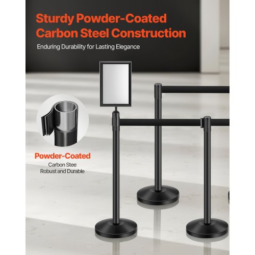 Stanchion Post 8 Pcs Stanchions with Retractable Belts Carbon Steel Black