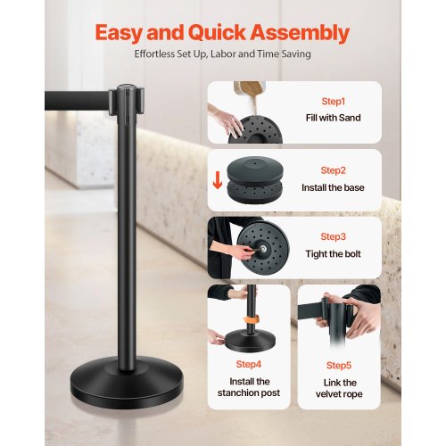 Stanchion Post 8 Pcs Stanchions with Retractable Belts Carbon Steel Black