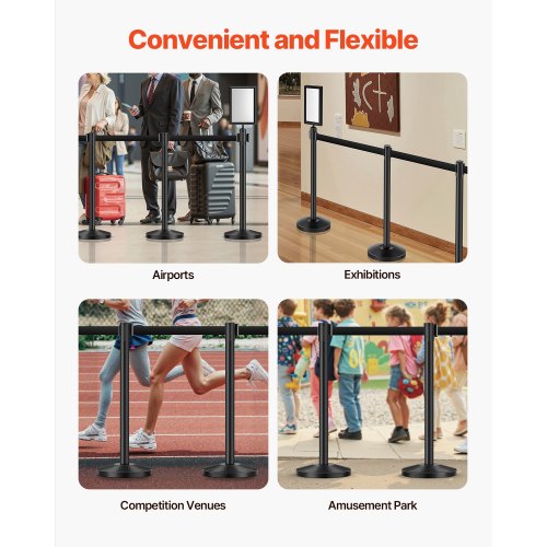 Stanchion Post 8 Pcs Stanchions with Retractable Belts Carbon Steel Black