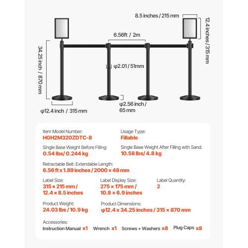 Stanchion Post 8 Pcs Stanchions with Retractable Belts Carbon Steel Black
