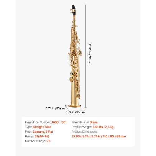 Straight Soprano Saxophone B Flat Brass Saxophone Beginner Kit with Carrying