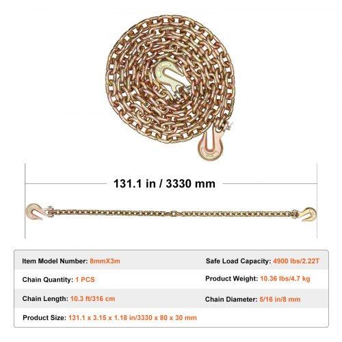 G80 Transport Binder Chain 516 x 103 Tow Chain with Clevis Grab Hooks