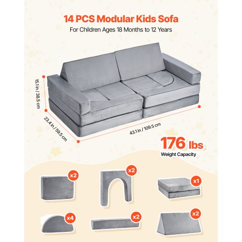 Modular Kids Play Couch Sectional Toddler Sofa With Armrests 28D Sponge Short