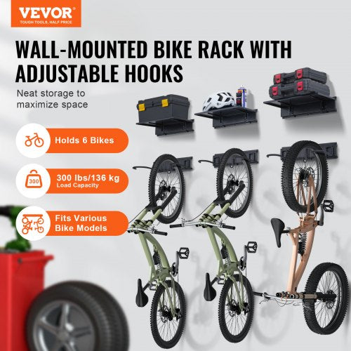 Bike Storage Rack 6 Bike Racks and 3 Helmets Hooks Wall Mount Bike Storage