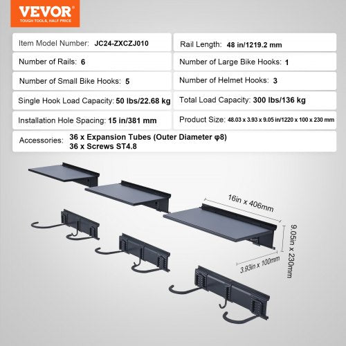 Bike Storage Rack 6 Bike Racks and 3 Helmets Hooks Wall Mount Bike Storage