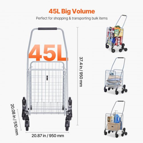 Grocery Shopping Cart 45L Stair Climbing Shopping Cart with 360° Rolling