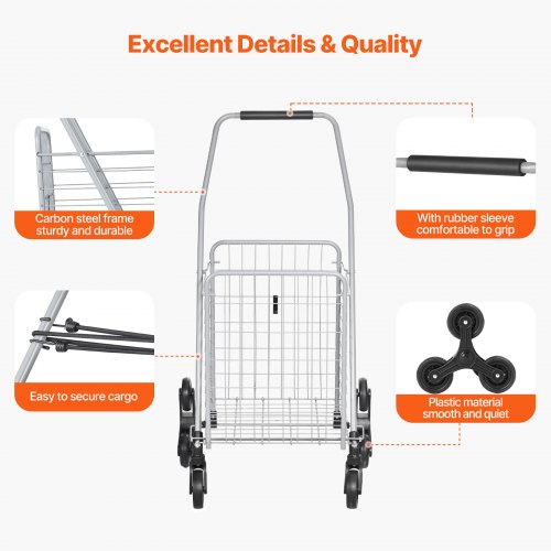 Grocery Shopping Cart 45L Stair Climbing Shopping Cart with 360° Rolling