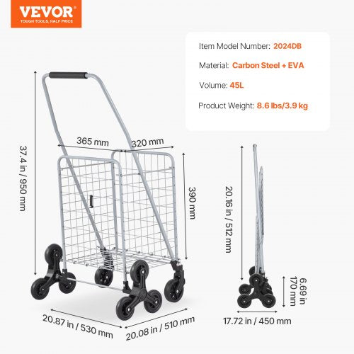 Grocery Shopping Cart 45L Stair Climbing Shopping Cart with 360° Rolling