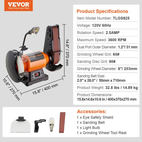 8 Inch Bench Grinder with 2 x28 Inch Belt Sander Combo Bench Grinder Sander