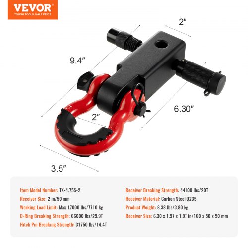 Shackle Hitch Receiver Fits 2 Receivers 66000 lbs Breaking Strength D