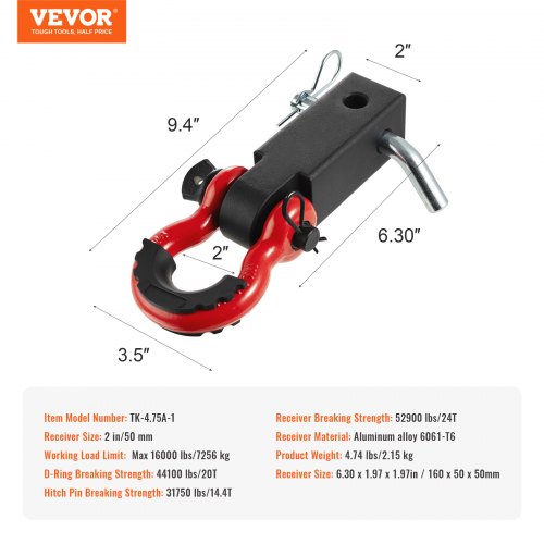 Shackle Hitch Receiver Fits 2 Receivers 52900 lbs Breaking Strength D