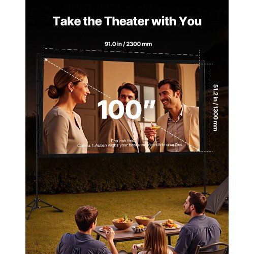 Projector Screen with Stand 100 Inch 160° Wide Angle Indoor Outdoor