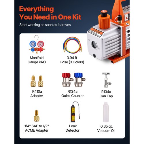 4 CFM AC Vacuum Pump and Gauge Set 13 HP Single Stage Rotary Vane HVAC