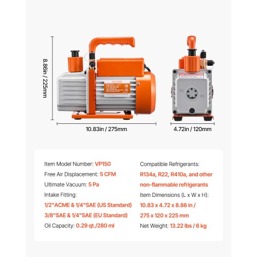 Vacuum Pump 5 CFM HVAC Single Stage Rotary Vane Vacuum Pump for R134a R22