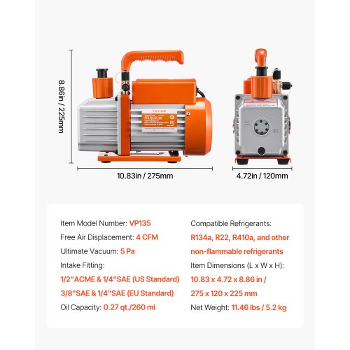 Vacuum Pump 4 CFM HVAC Single Stage Rotary Vane Vacuum Pump for R134a R22