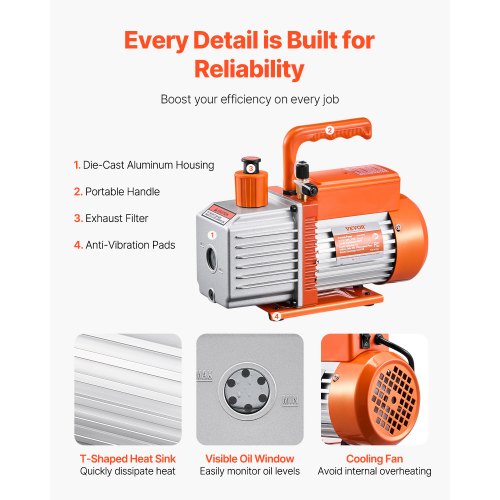 Vacuum Pump 6 CFM HVAC 2 Stage Rotary Vane Vacuum Pump for R134a R22