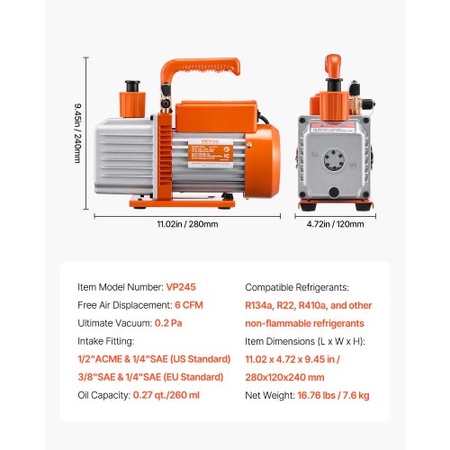 Vacuum Pump 6 CFM HVAC 2 Stage Rotary Vane Vacuum Pump for R134a R22
