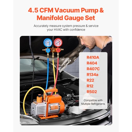 45 CFM AC Vacuum Pump and Gauge Set Single Stage Rotary Vane HVAC Air