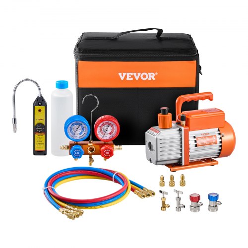 45 CFM AC Vacuum Pump and Gauge Set Single Stage Rotary Vane HVAC Air