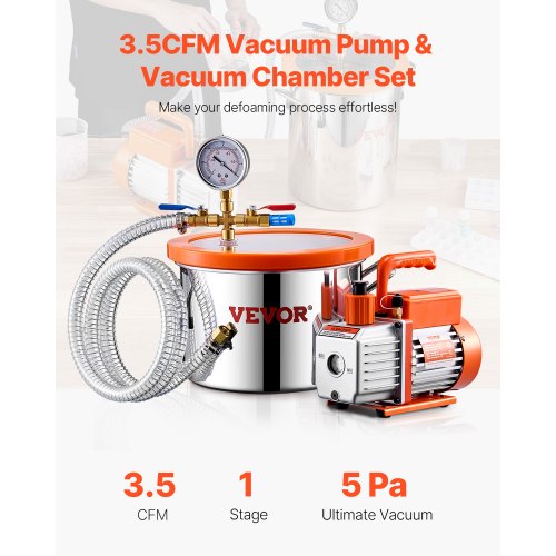1.5 Gallon Vacuum Chamber and 35 CFM Pump Kit Stainless Steel Chamber