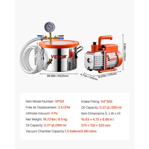 1.5 Gallon Vacuum Chamber and 35 CFM Pump Kit Stainless Steel Chamber