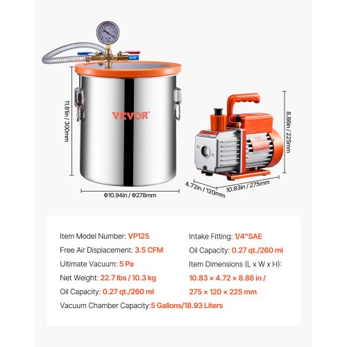 5 Gallon Vacuum Chamber and 35 CFM Pump Kit Stainless Steel Chamber