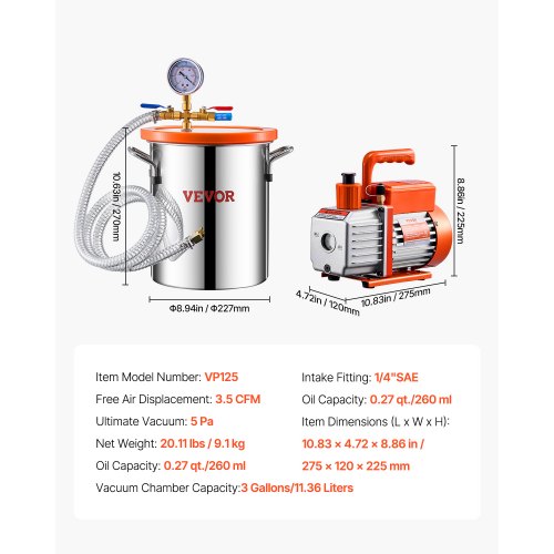 3 Gallon Vacuum Chamber and 35 CFM Pump Kit Stainless Steel Chamber