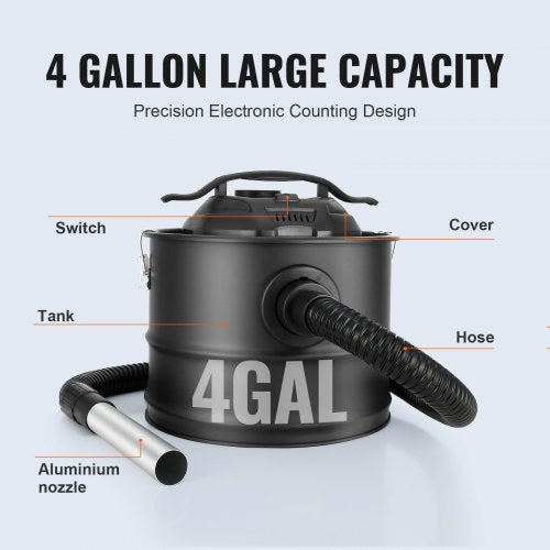 Ash Vacuum Cleaner 4 Gallon with 1200W Powerful Suction Ash Vac Collector