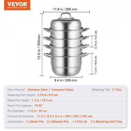 Steamer Pot 118in30cm 5 Tier Steamer Pot for Cooking with 10QT Stock Pot
