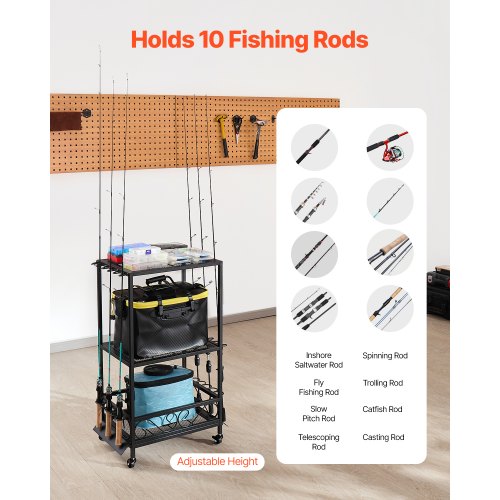 Fishing Rod Holder for 10Rods Mobile Fishing Pole Rack Cart with Wheels