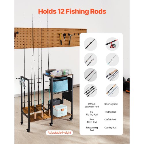 Fishing Rod Holder for 12Rods Mobile Fishing Pole Rack Cart with Wheels