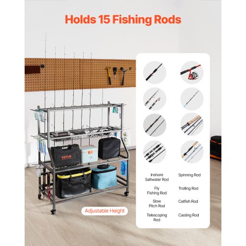 Fishing Rod Holder for 15Rods Mobile Fishing Pole Rack Cart with Wheels